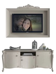 Parete attrezzata in legno shabby chic rilievo bianco opaco