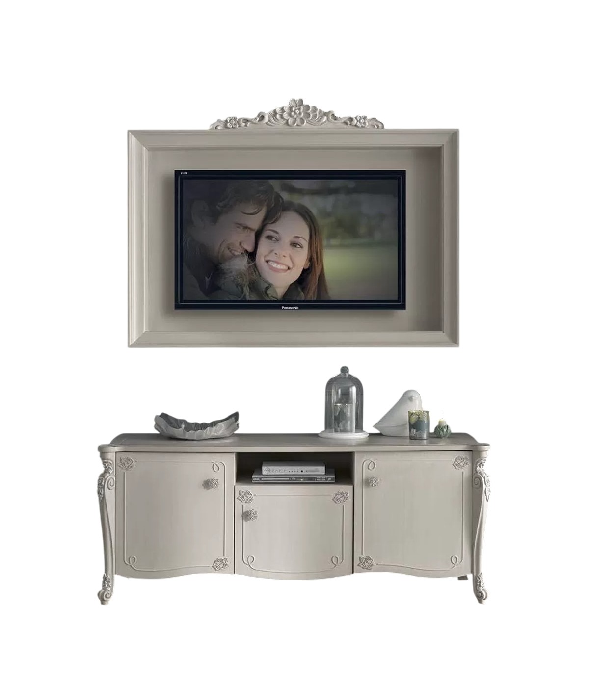 Parete attrezzata in legno shabby chic rilievo bianco opaco