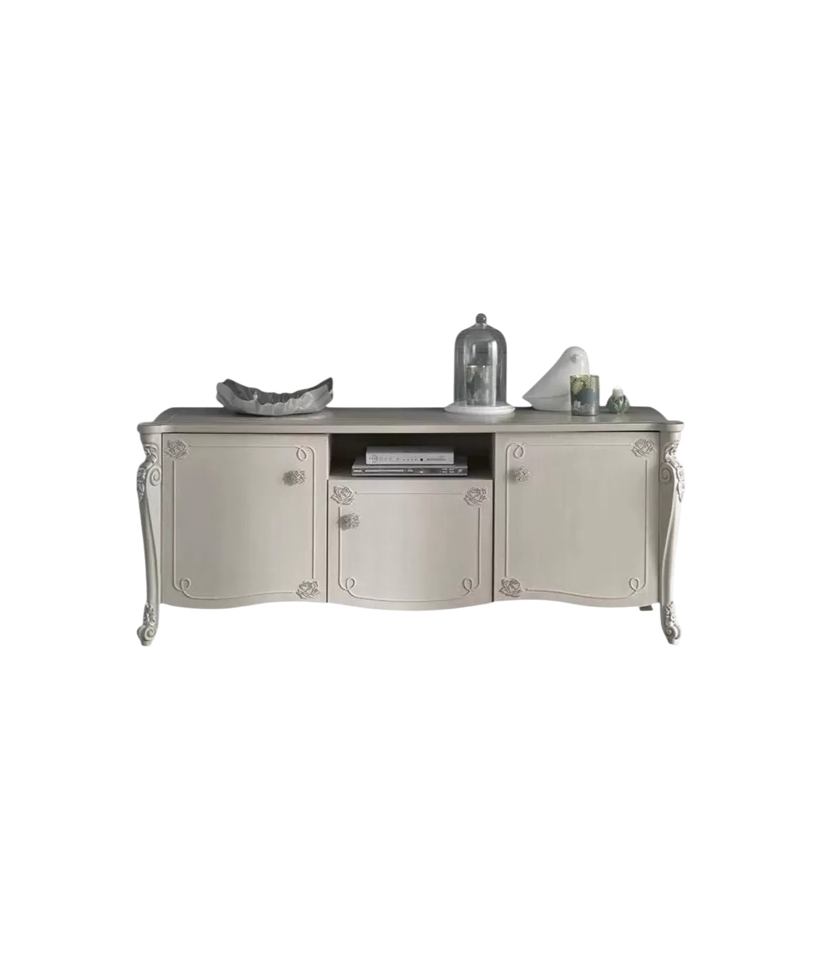 Porta tv in legno 3 ante shabby chic rilievo bianco opaco 172x57x69