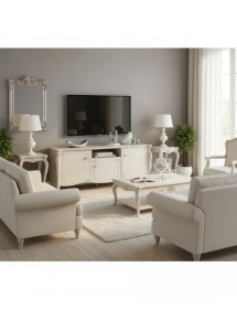 Porta tv in legno 3 ante shabby chic rilievo bianco opaco 172x57x69