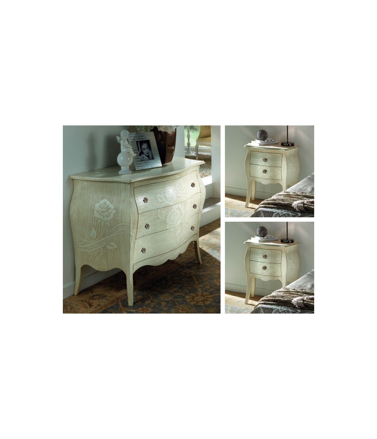 Gruppo 1 Cassettiera 2 Comodini shabby legno bianco anticato floreale