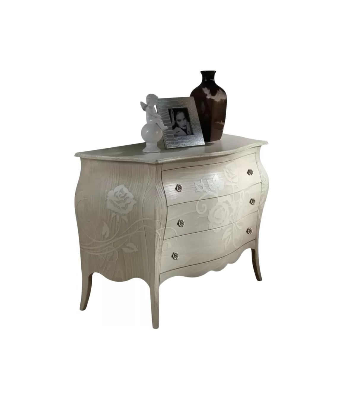 Cassettiera 3 cassetti shabby legno bianco anticato floreale 118x58x85