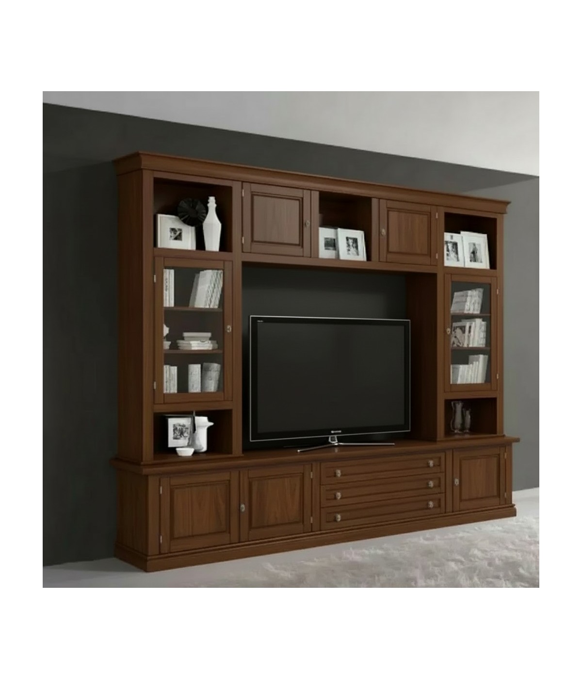 Parete attrezzata porta tv in legno tinta noce 243x50x227