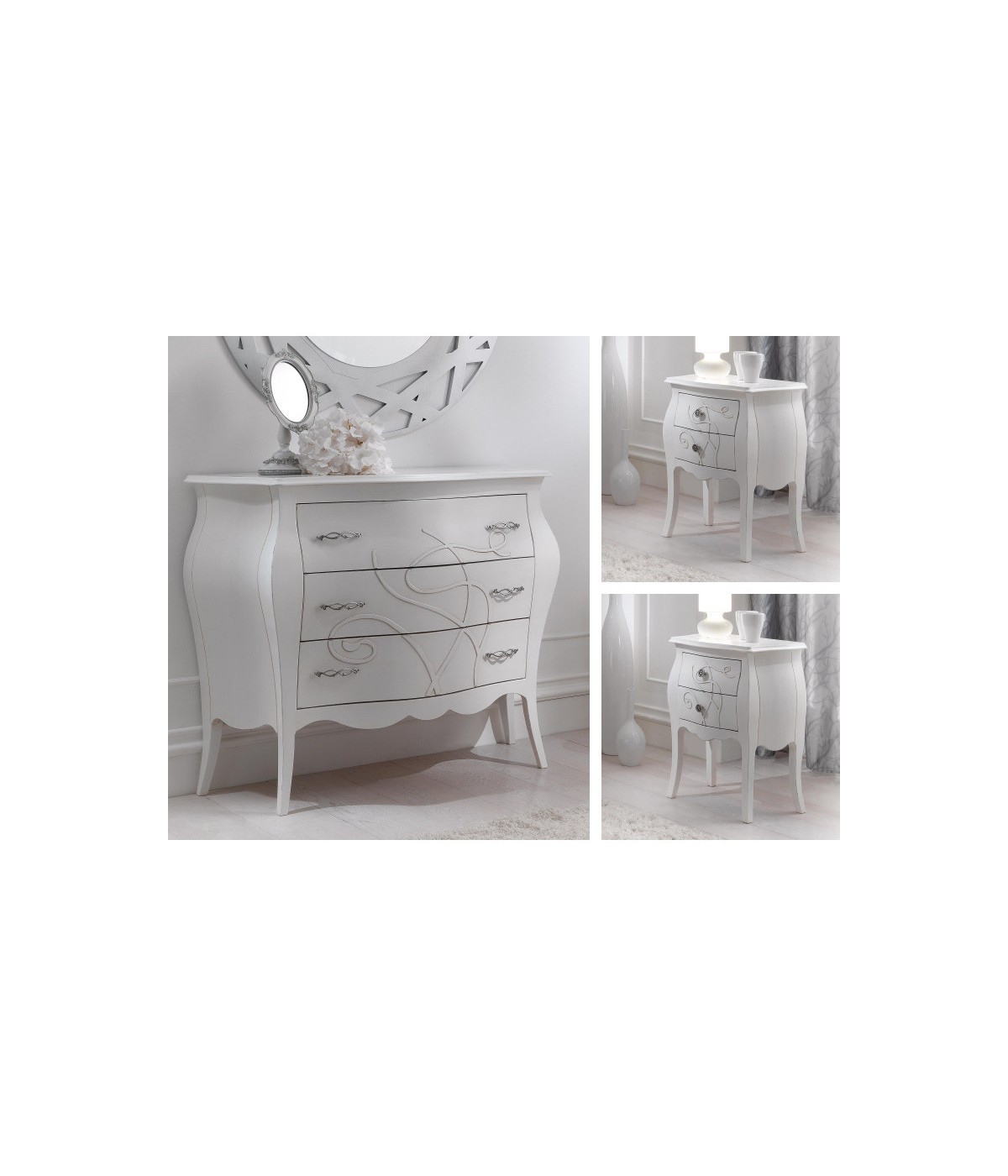 Gruppo 1 Cassettiera 2 Comodini shabby legno bianco floreale