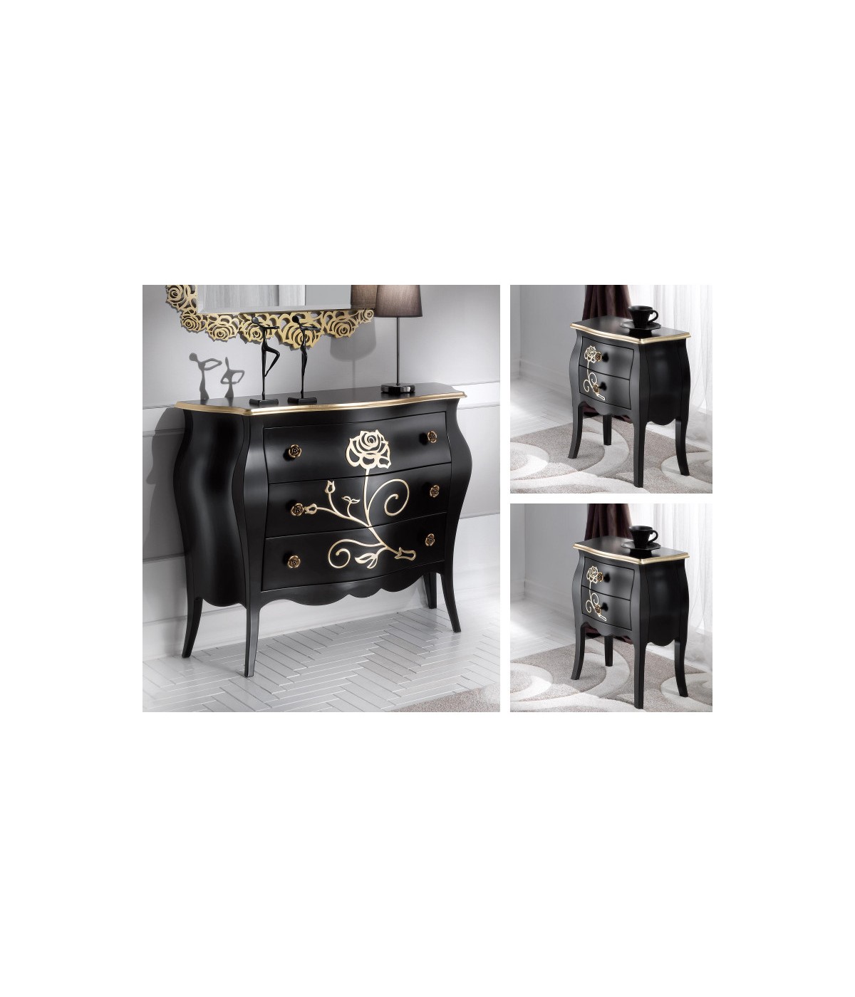 Gruppo 1 Cassettiera 2 Comodini legno floreale nero e oro