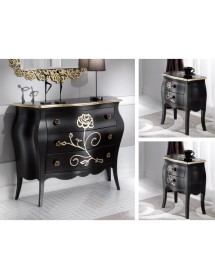 Cassettiera 3 Cassetti legno floreale nero e oro 105x42x85