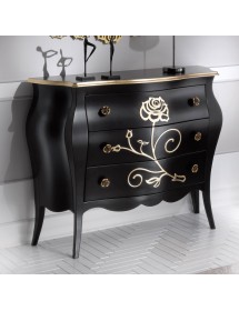 Cassettiera 3 Cassetti legno floreale nero e oro 105x42x85