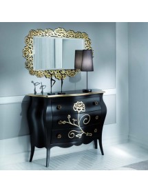 Cassettiera 3 Cassetti legno floreale nero e oro 105x42x85
