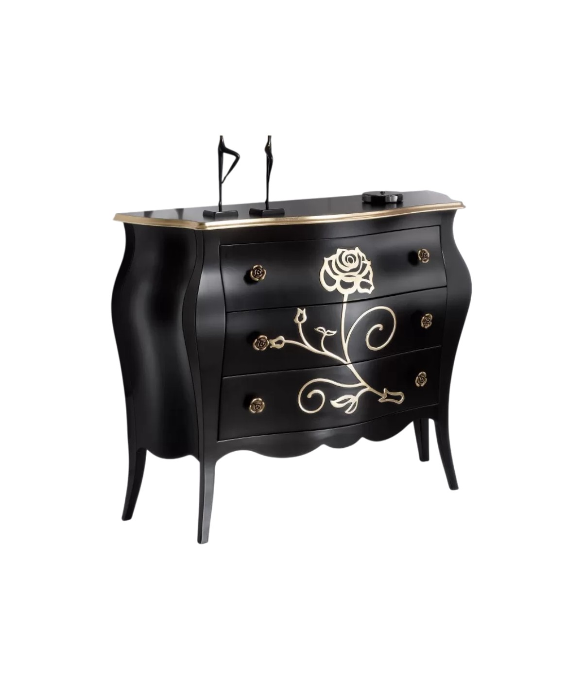 Cassettiera 3 Cassetti legno floreale nero e oro 105x42x85