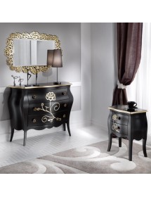 Comodino 2 cassetti shabby legno floreale nero e oro 50x30x60