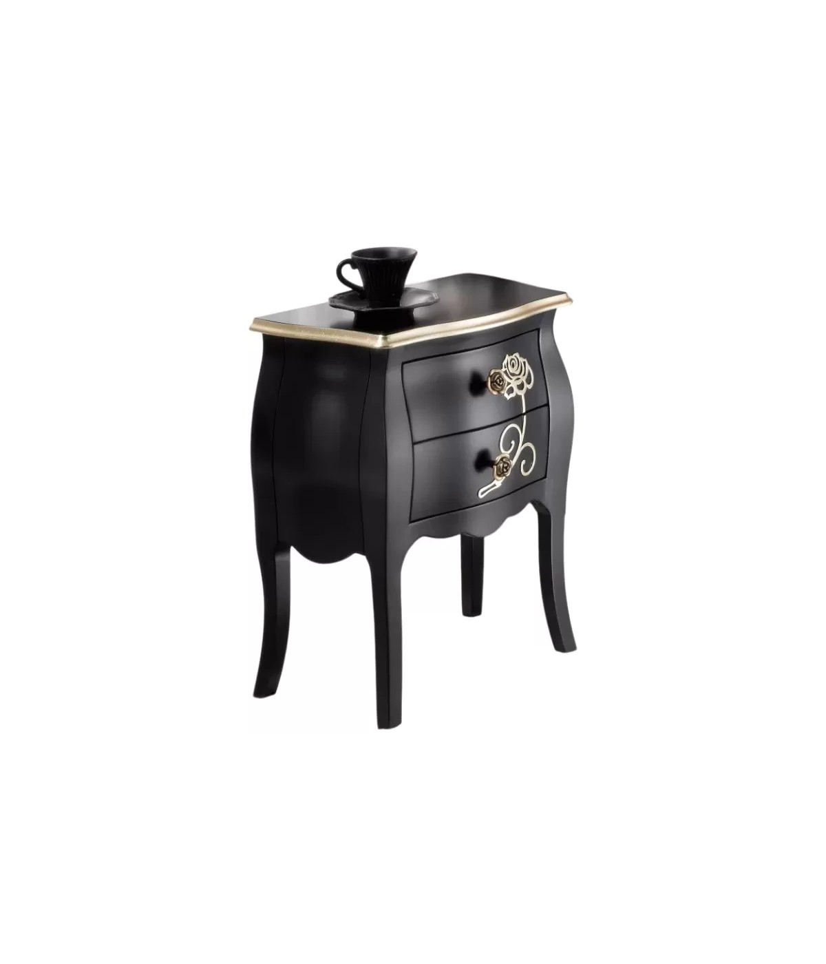 Comodino 2 cassetti shabby legno floreale nero e oro 50x30x60