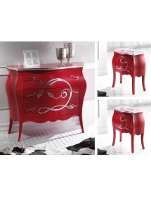 Gruppo 1 Cassettiera 2 Comodini legno floreale rosso e argento