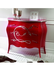 Cassettiera 3 Cassetti legno floreale rosso e argento 105x42x85