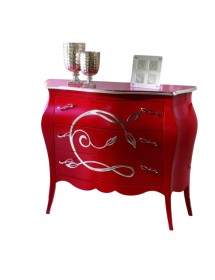 Cassettiera 3 Cassetti legno floreale rosso e argento 105x42x85
