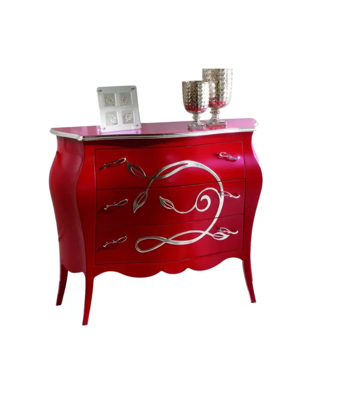 Cassettiera 3 Cassetti legno floreale rosso e argento 105x42x85