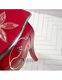 Comodino 2 cassetti shabby legno floreale rosso e argento 50x30x60