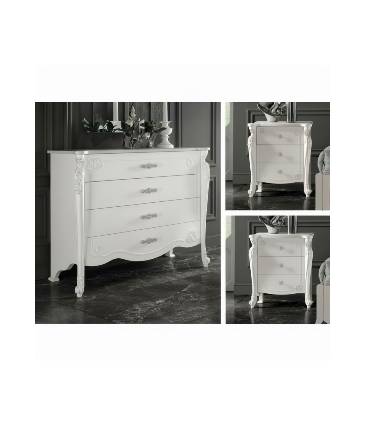 Gruppo 1 Cassettiera 2 Comodini legno bianco decori intagliati