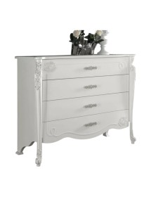Cassettiera 4 cassetti legno bianco decori intagliati 138x58x111