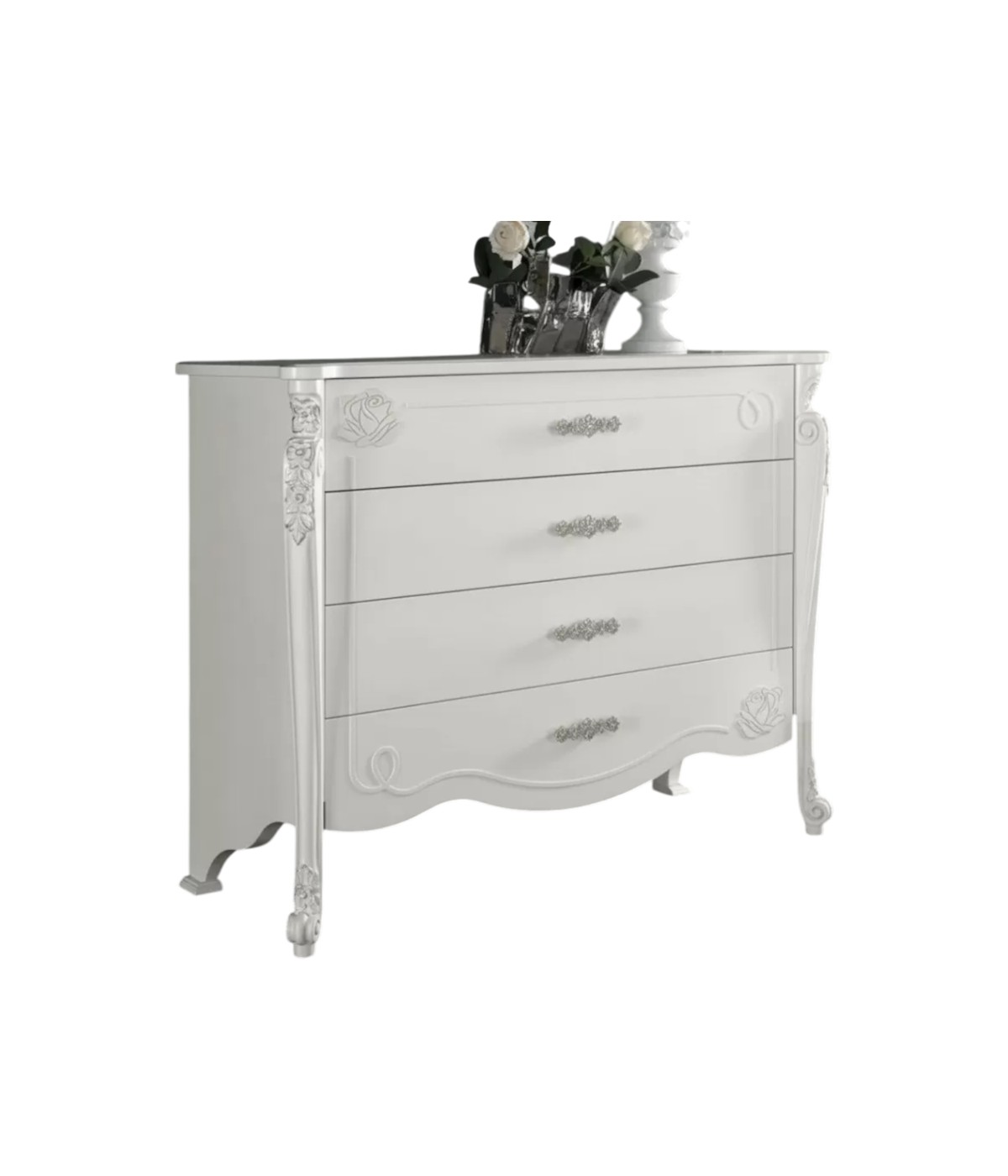 Cassettiera 4 cassetti legno bianco decori intagliati 138x58x111