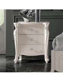 Comodino 3 cassetti legno bianco decori intagliati 62x43x69