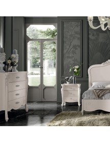 Comodino 3 cassetti legno bianco decori intagliati 62x43x69