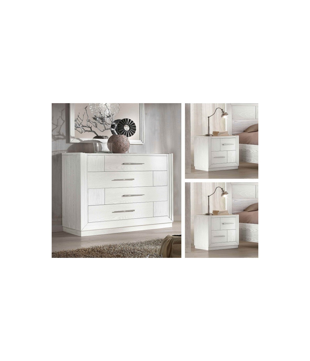 Gruppo 1 Cassettiera 2 Comodini shabby legno frassino bianco