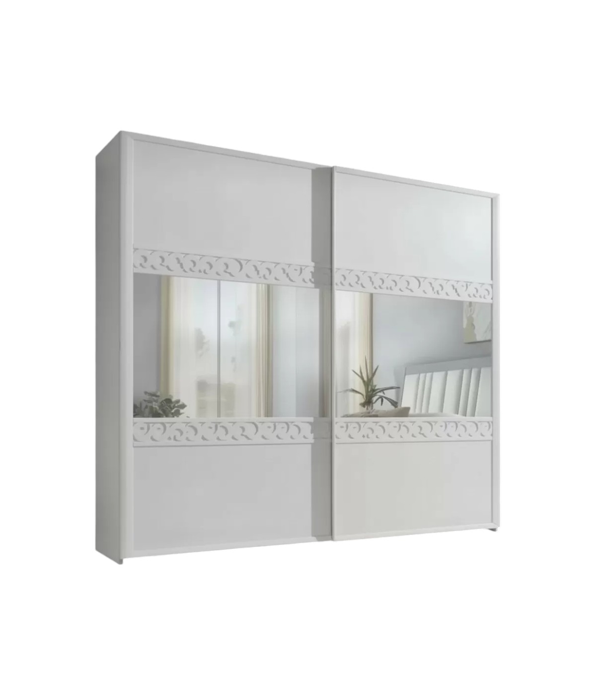 Armadio 2 porte scorrevoli vetro intaglio legno frassino bianco 274x65x248