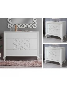 Gruppo 1 Cassettiera 2 Comodini legno frassino bianco decori intagliati