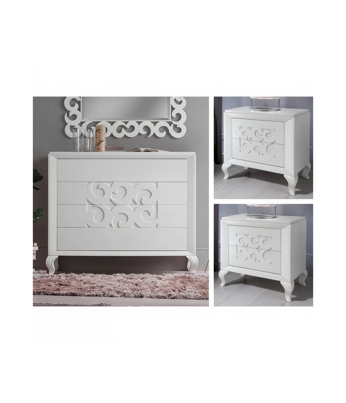 Gruppo 1 Cassettiera 2 Comodini legno frassino bianco decori intagliati