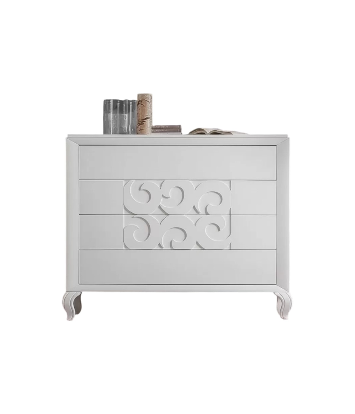 Cassettiera 4 cassetti legno frassino bianco decori intagliati 125x56x108