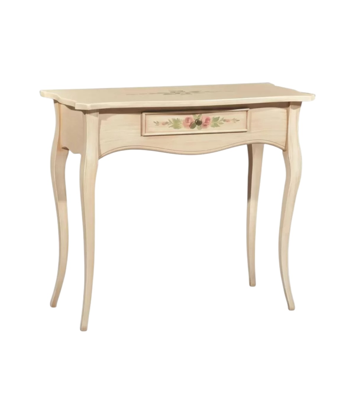 CONSOLLE LEGNO 1 CASSETTO AVORIO PATINATO DECORI 87x38x77