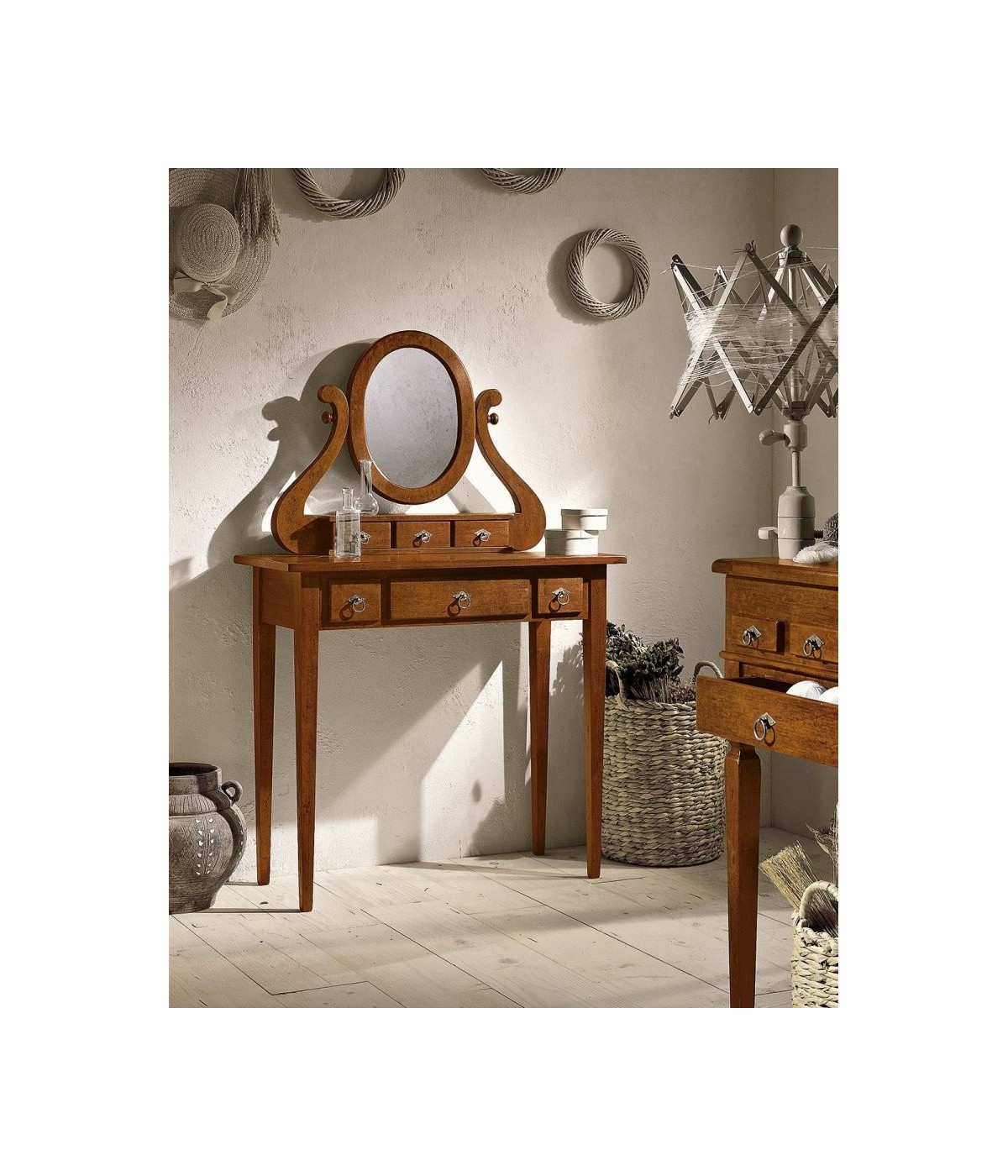 MOBILI 2G - Consolle in legno in 6 cassetti con specchiera arte povera tinta noce L.90 x P.40 H.81