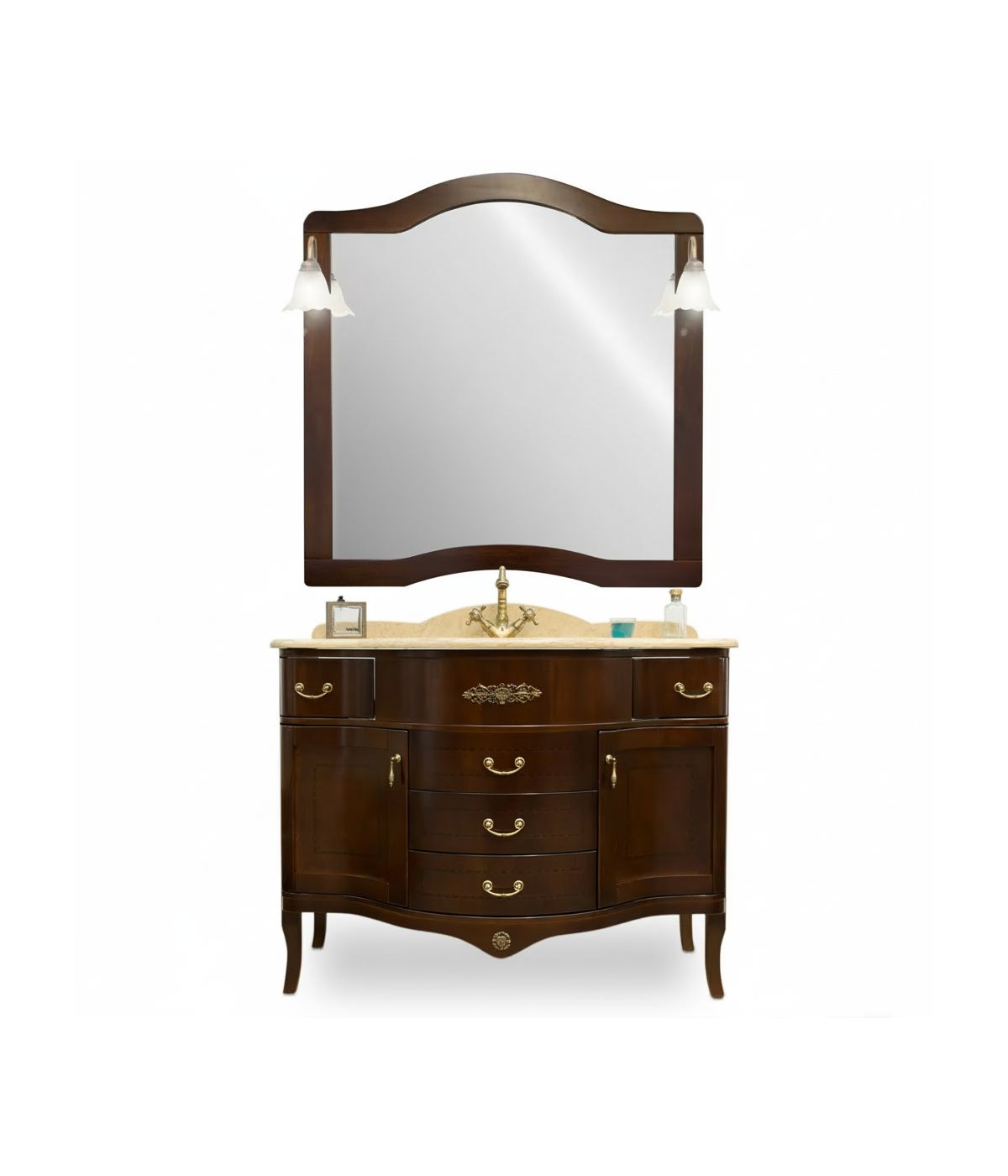 Mobile bagno legno tinta noce top marmo con specchio L.110 P.60