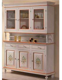 MOBILI 2G - Cristalliera arte povera legno 3 porte avorio patinato decori 150x43x208 vista frontale