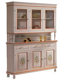 MOBILI 2G - Cristalliera arte povera legno 3 porte avorio patinato decori 150x43x208 vista frontale