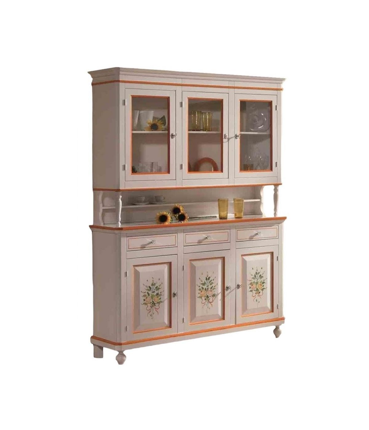 MOBILI 2G - Cristalliera arte povera legno 3 porte avorio patinato decori 150x43x208 vista frontale