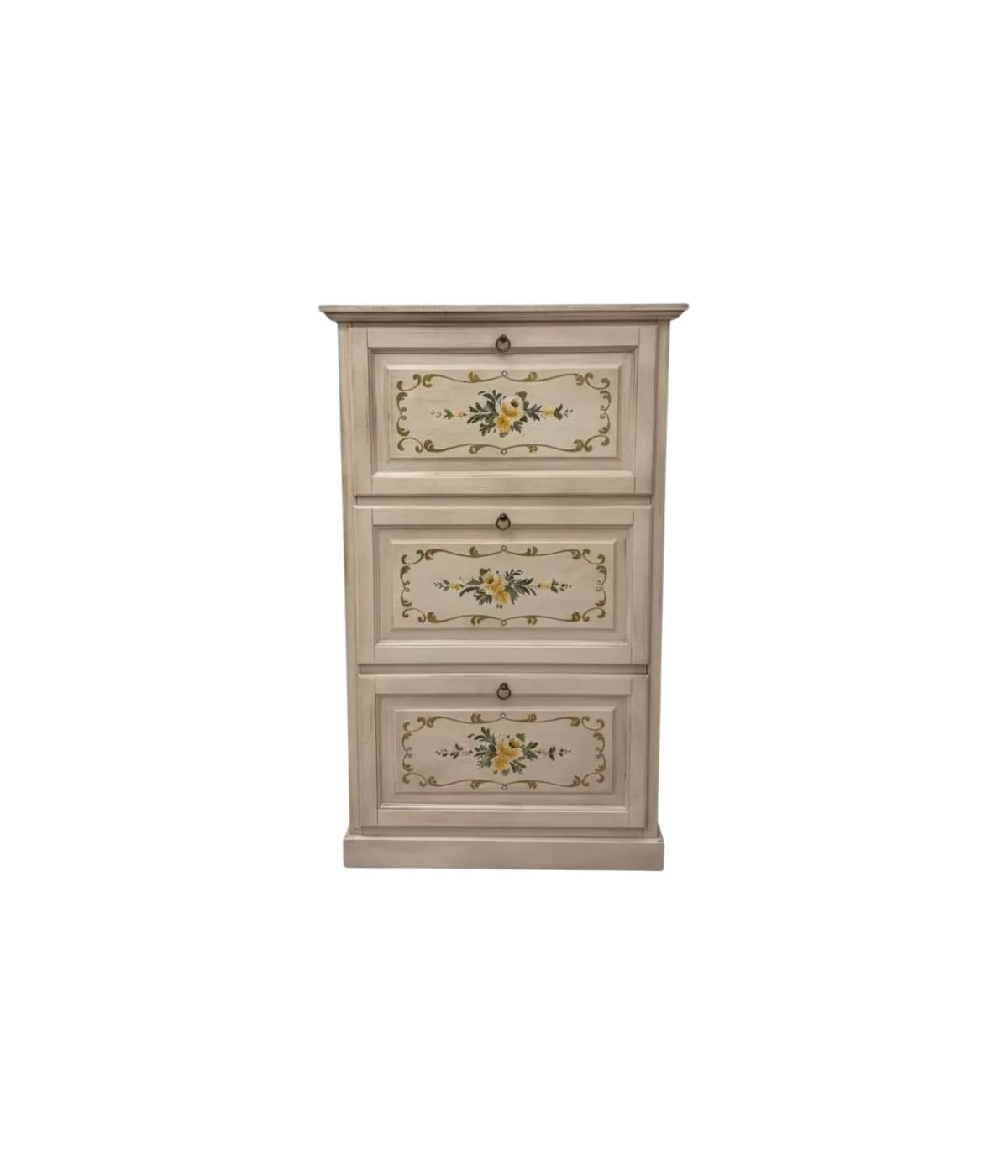 Scarpiera 3 ante ribalta legno shabby bianco anticato floreale 79X30X130