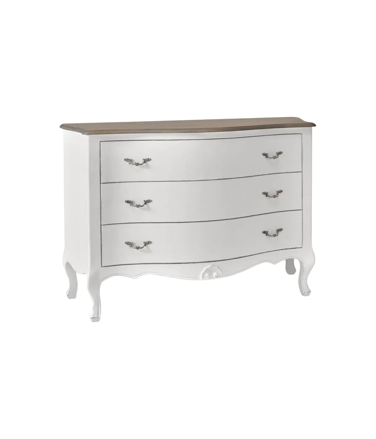 Cassettiera 3 cassetti legno massello bianco anticato noce 132x55X89