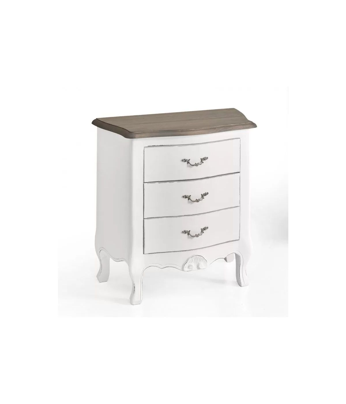 Comodino 3 cassetti legno massello bianco anticato noce 57x36X59