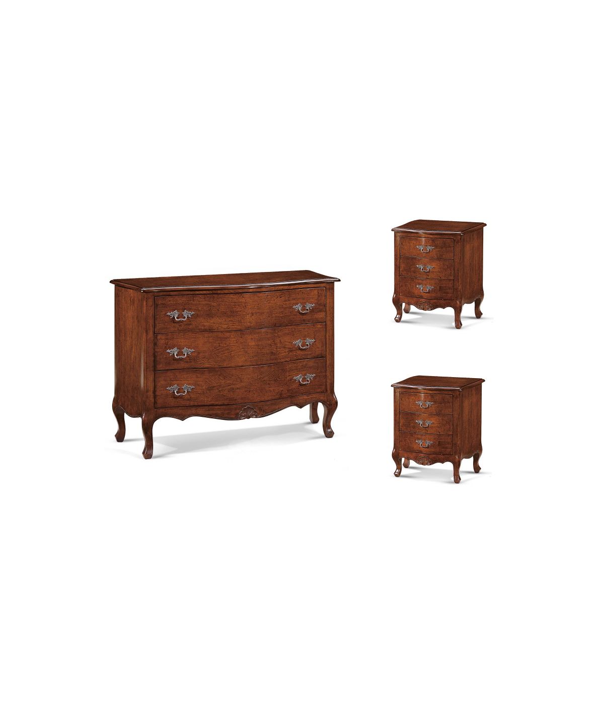 Gruppo 1 cassettiera e 2 comodini classici legno massello tinta noce
