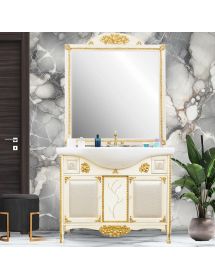 Mobile bagno legno barocco legno decapè avorio oro ecopelle L.105 P.50