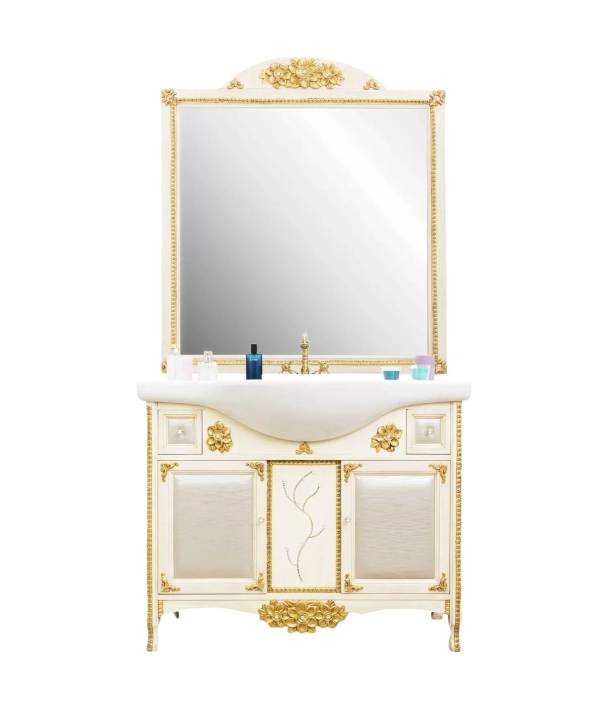 Mobile bagno legno barocco legno decapè avorio oro ecopelle L.105 P.50