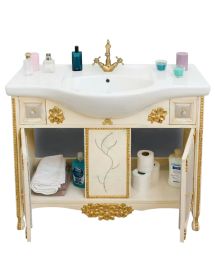 Mobile bagno legno barocco legno decapè avorio oro ecopelle L.105 P.50