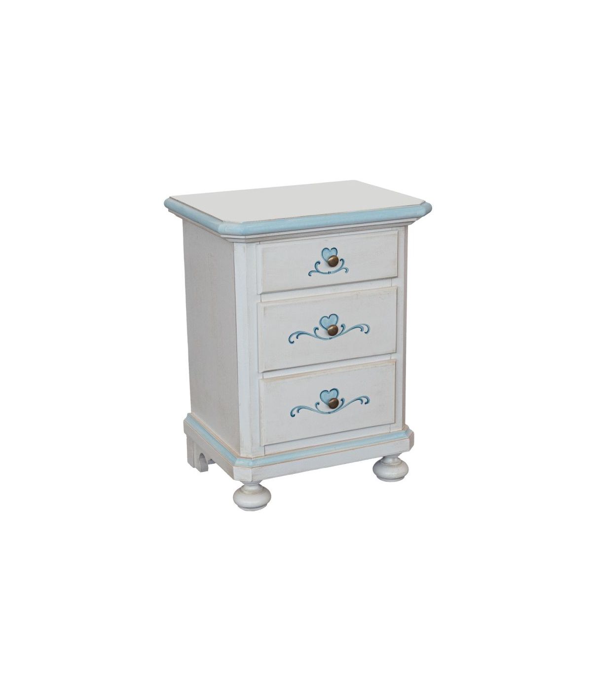 Comodino 3 cassetti legno shabby bianco anticato decori cuore 51x40x66