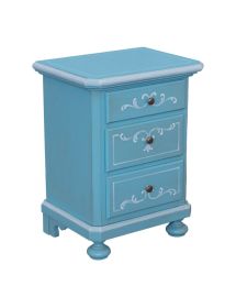 Comodino 3 cassetti legno shabby azzurro anticato decorato filo bianco 51x40x66