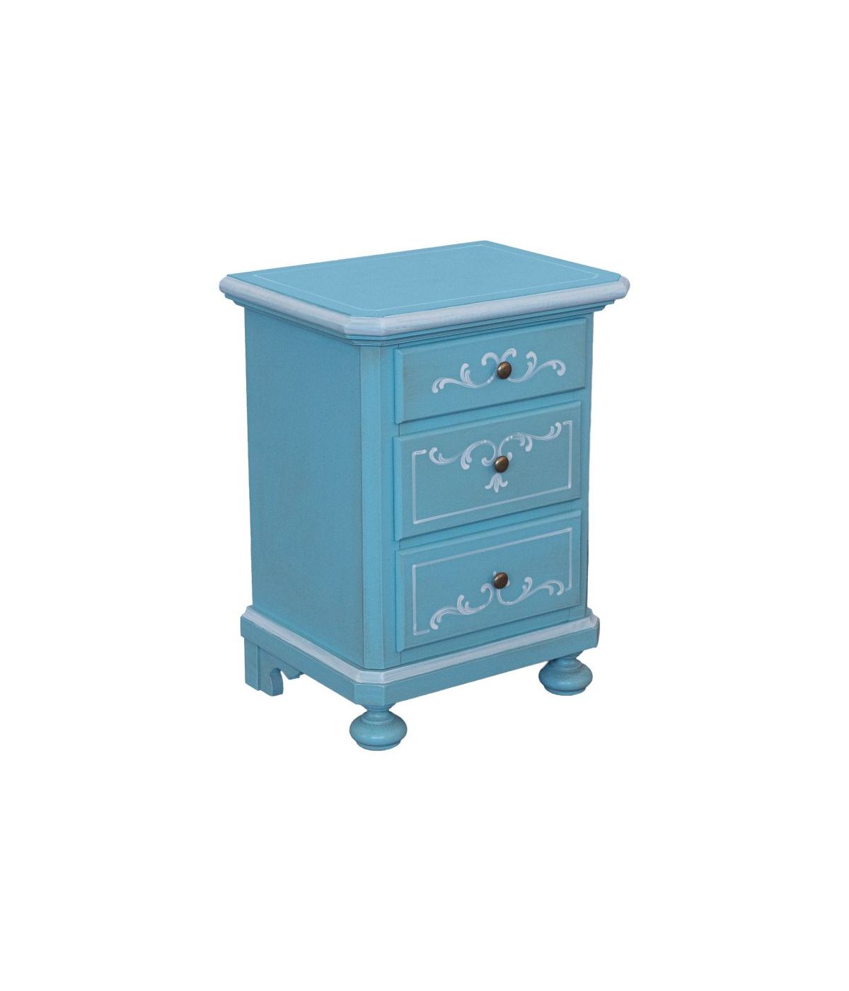 Comodino 3 cassetti legno shabby azzurro anticato decorato filo bianco 51x40x66