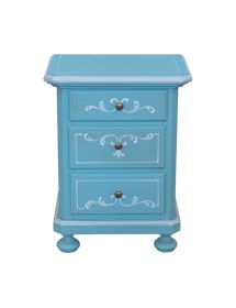 Comodino 3 cassetti legno shabby azzurro anticato decorato filo bianco 51x40x66