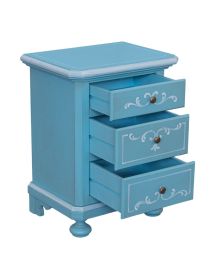 Comodino 3 cassetti legno shabby azzurro anticato decorato filo bianco 51x40x66