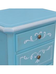 Comodino 3 cassetti legno shabby azzurro anticato decorato filo bianco 51x40x66