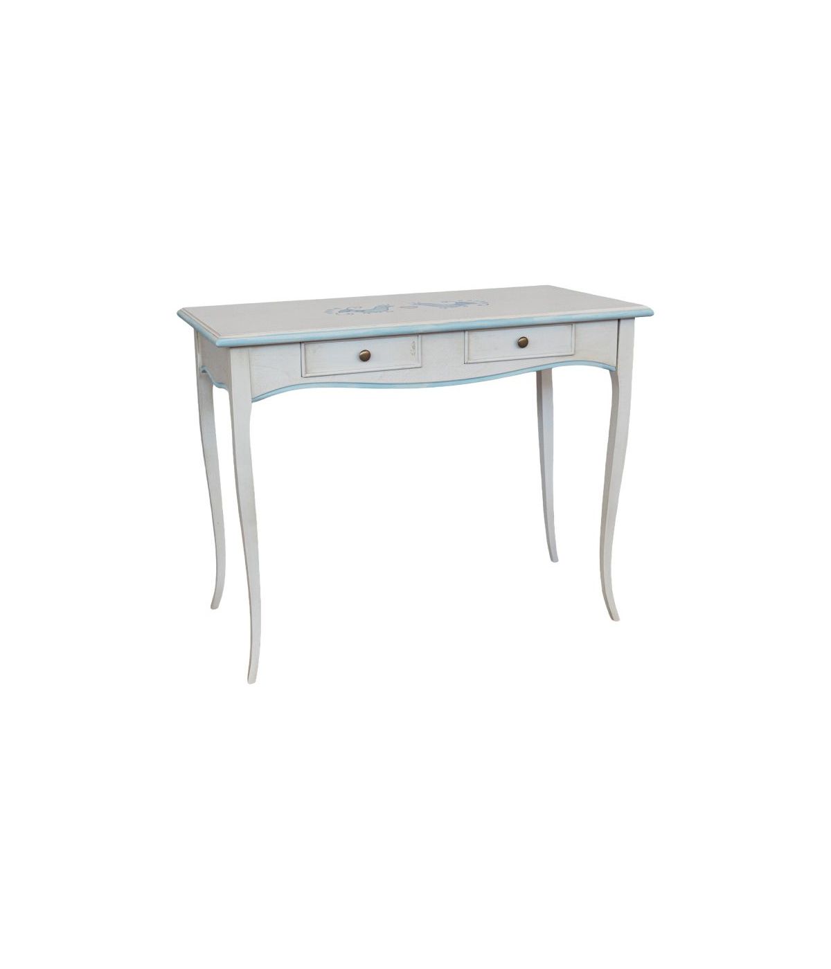 Consolle legno shabby bianco anticato filo azzurro pavoncella 101X55x80